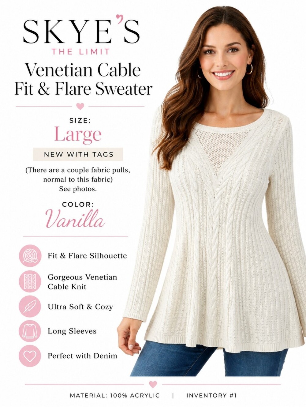 Skye's The Limit Women's Venetian Cable Fit & Flare Sweater Size Lar…